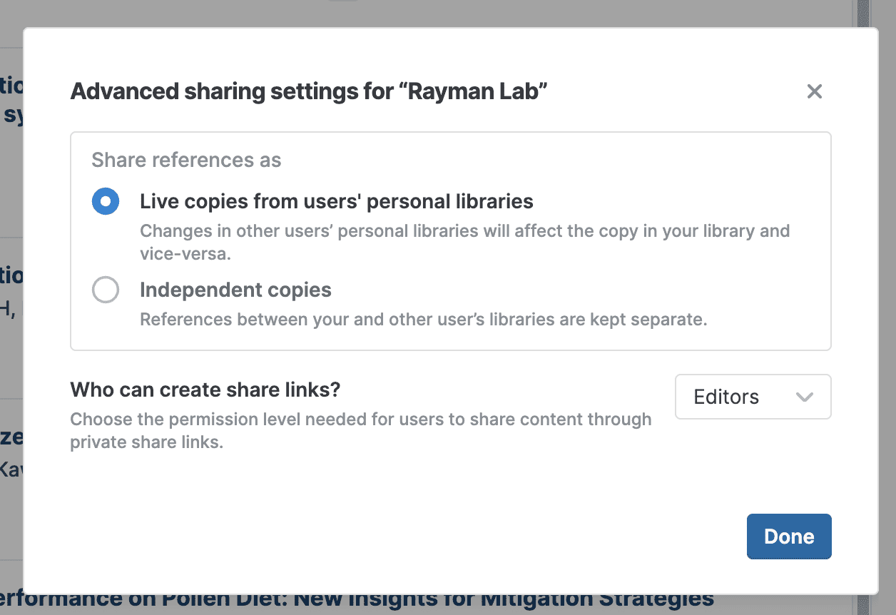 The “Advanced sharing settings for ‘Rayman Lab’” dialog with “Live copies from users’ personal libraries” selected over “Independent copies”, and “Who can create share links?” set to Editors.